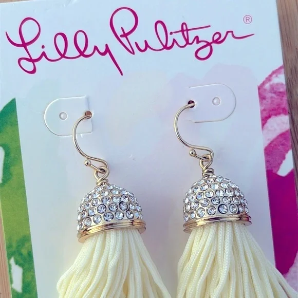 Brand New Lilly Pulitzer Resort White Tassel Earrings Gold Tone Rhinestone Drop - Picture 5 of 12
